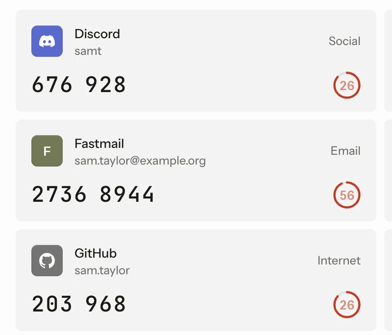 The one-time codes page in Keeto: cards with service, account, group, the current code and the countdown.