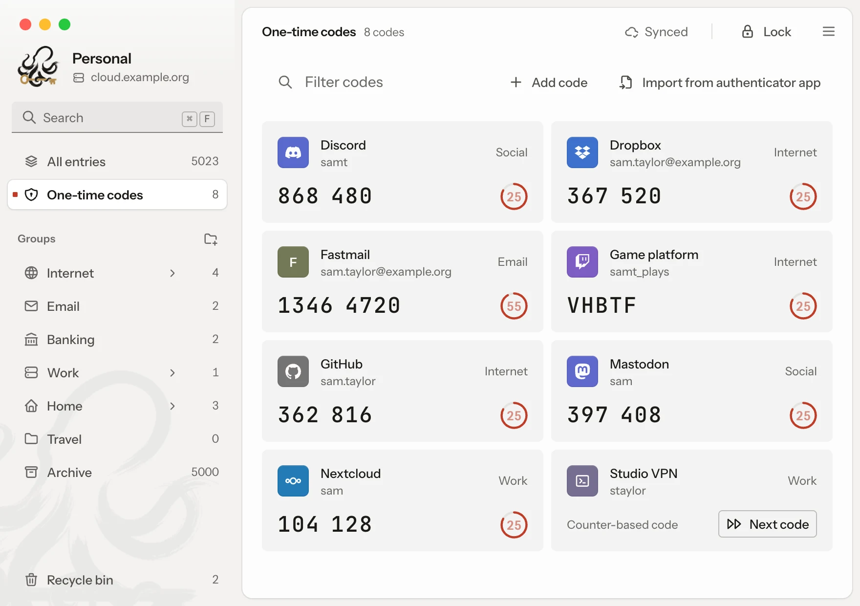 The one-time codes page in Keeto: cards with service, account, group, the current code and the countdown.