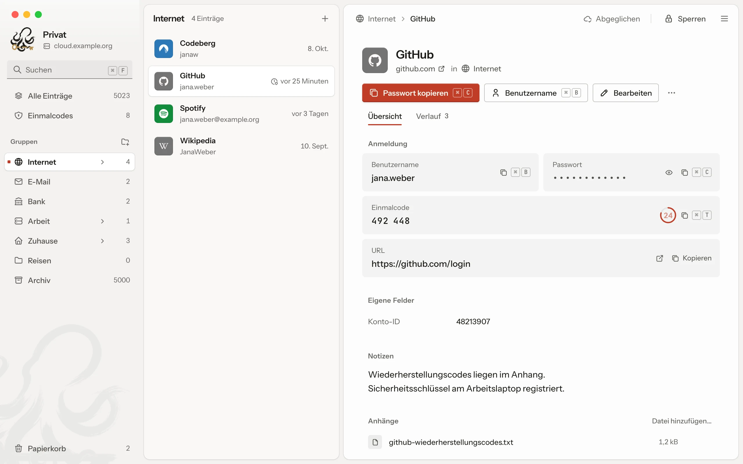 Keeto mit der Gruppe Internet: links die Gruppen, in der Mitte die Einträge, rechts der Eintrag GitHub mit Benutzername, Passwort, Einmalcode und URL.