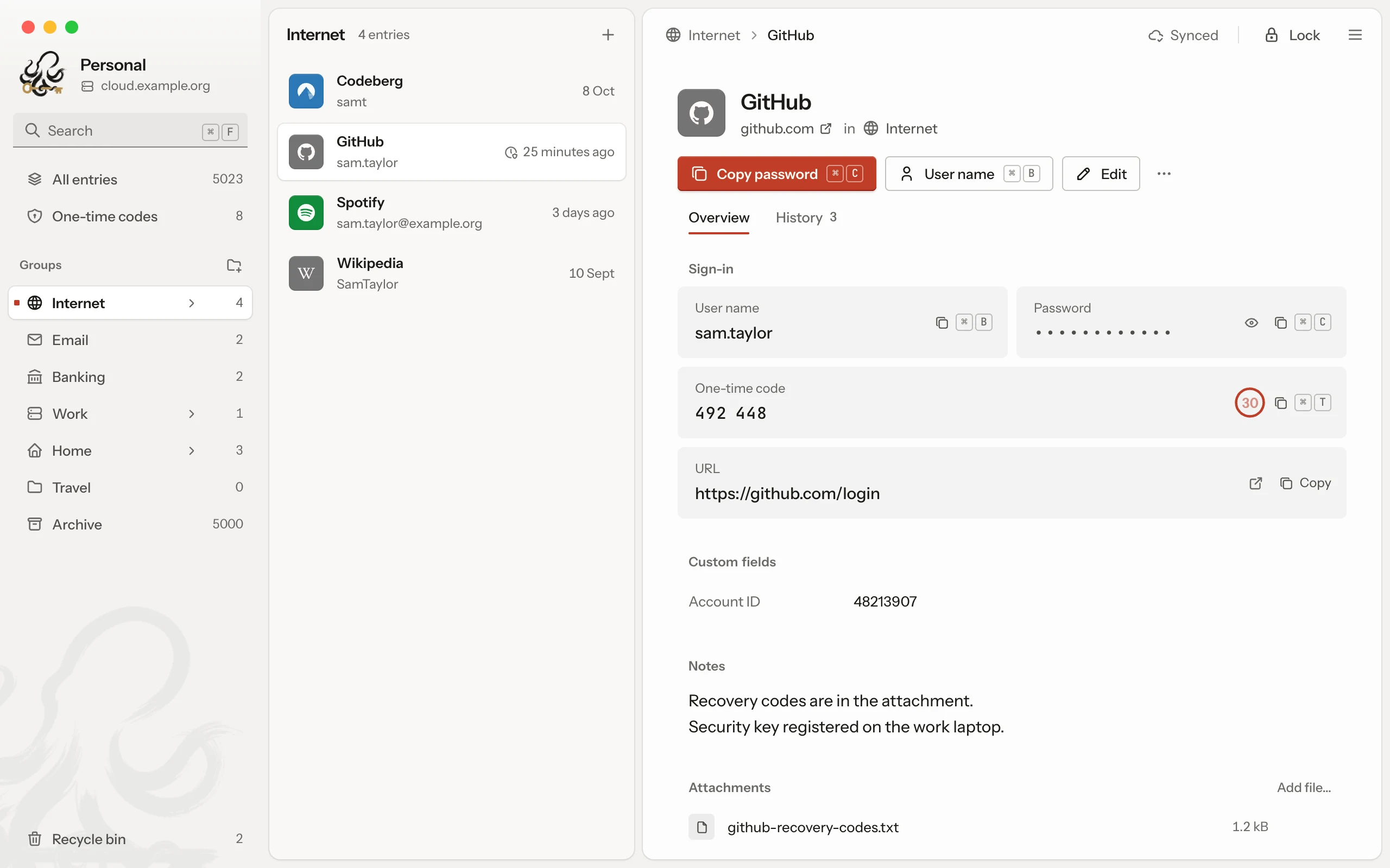 Keeto with the group Internet: the groups on the left, the entries in the middle, and on the right the entry GitHub with username, password, one-time code and URL.